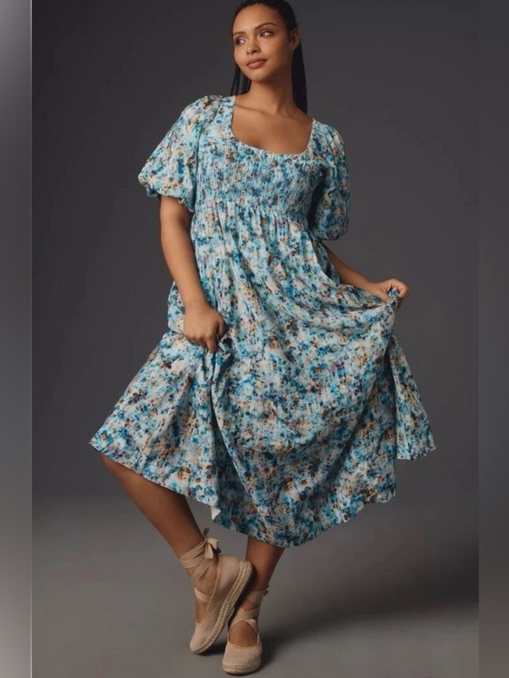 By Anthropologie Short Sleeve Smocked Babydoll Midi Dress Size 2X watercolor